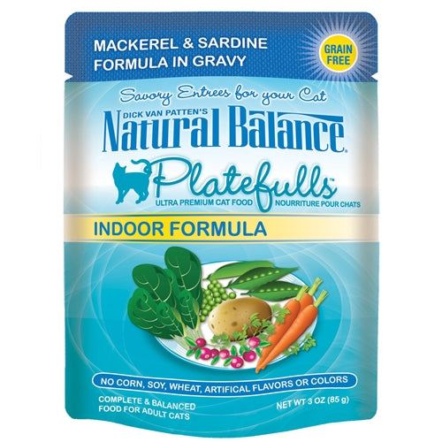Natural Balance Platefulls Indoor Cat Pouches Mackerel and Sardine Formula in Gravy